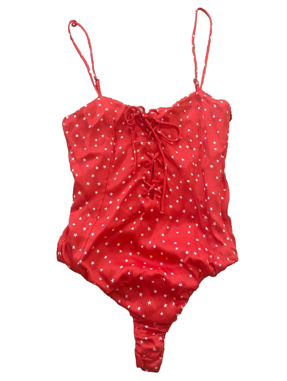 NWT ZARA Red White Star Print Lace-Up Onepiece One Piece Satin Bodysuit S